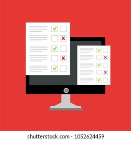 Online form survey on pc computer vector illustration, flat cartoon monitor display showing quiz exam paper sheet document, concept of electronic voting on internet, web learning