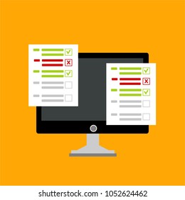 Online form survey on pc computer vector illustration, flat cartoon monitor display showing quiz exam paper sheet document, concept of electronic voting on internet, web learning