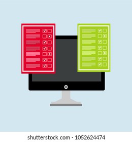 Online form survey on pc computer vector illustration, flat cartoon monitor display showing quiz exam paper sheet document, concept of electronic voting on internet, web learning