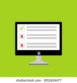 Online form survey on pc computer vector illustration, flat cartoon monitor display showing quiz exam paper sheet document, concept of electronic voting on internet, web learning
