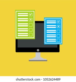 Online form survey on pc computer vector illustration, flat cartoon monitor display showing quiz exam paper sheet document, concept of electronic voting on internet, web learning