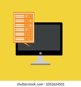 Online form survey on pc computer vector illustration, flat cartoon monitor display showing quiz exam paper sheet document, concept of electronic voting on internet, web learning