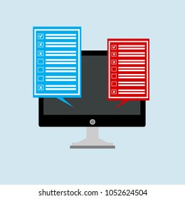 Online form survey on pc computer vector illustration, flat cartoon monitor display showing quiz exam paper sheet document, concept of electronic voting on internet, web learning