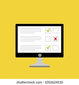 Online form survey on pc computer vector illustration, flat cartoon monitor display showing quiz exam paper sheet document, concept of electronic voting on internet, web learning