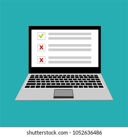 Online form survey on pc computer vector illustration, flat cartoon monitor display showing quiz exam paper sheet document, concept of electronic voting on internet, web learning