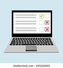 Online form survey on pc computer vector illustration, flat cartoon monitor display showing quiz exam paper sheet document, concept of electronic voting on internet, web learning