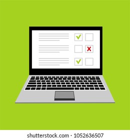Online form survey on pc computer vector illustration, flat cartoon monitor display showing quiz exam paper sheet document, concept of electronic voting on internet, web learning