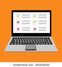 Online form survey on pc computer vector illustration, flat cartoon monitor display showing quiz exam paper sheet document, concept of electronic voting on internet, web learning