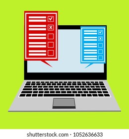 Online form survey on pc computer vector illustration, flat cartoon monitor display showing quiz exam paper sheet document, concept of electronic voting on internet, web learning