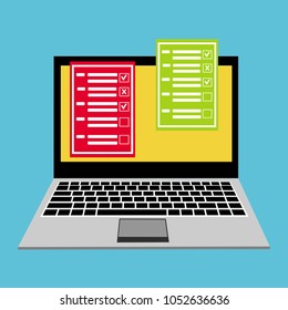 Online form survey on pc computer vector illustration, flat cartoon monitor display showing quiz exam paper sheet document, concept of electronic voting on internet, web learning