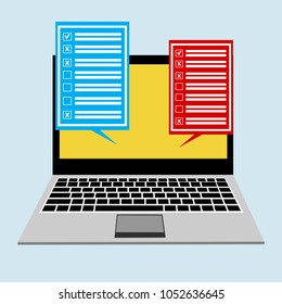 Online form survey on pc computer vector illustration, flat cartoon monitor display showing quiz exam paper sheet document, concept of electronic voting on internet, web learning