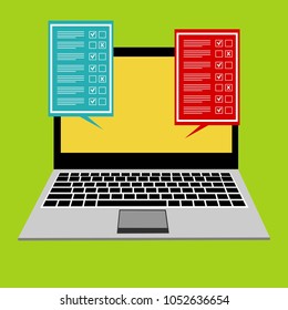 Online form survey on pc computer vector illustration, flat cartoon monitor display showing quiz exam paper sheet document, concept of electronic voting on internet, web learning