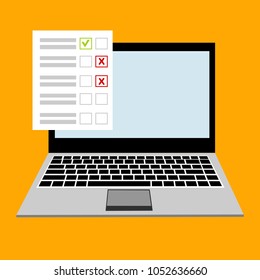 Online form survey on pc computer vector illustration, flat cartoon monitor display showing quiz exam paper sheet document, concept of electronic voting on internet, web learning
