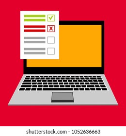 Online form survey on pc computer vector illustration, flat cartoon monitor display showing quiz exam paper sheet document, concept of electronic voting on internet, web learning