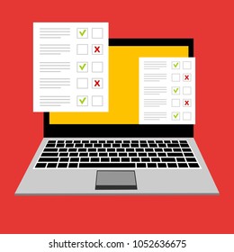 Online form survey on pc computer vector illustration, flat cartoon monitor display showing quiz exam paper sheet document, concept of electronic voting on internet, web learning