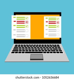 Online form survey on pc computer vector illustration, flat cartoon monitor display showing quiz exam paper sheet document, concept of electronic voting on internet, web learning
