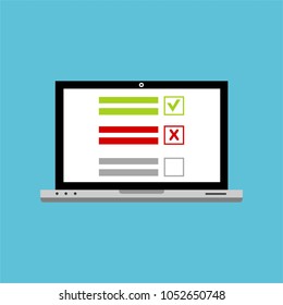 Online form survey on pc computer vector illustration, flat cartoon monitor display showing quiz exam paper sheet document, concept of electronic voting on internet, web learning