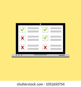 Online form survey on pc computer vector illustration, flat cartoon monitor display showing quiz exam paper sheet document, concept of electronic voting on internet, web learning