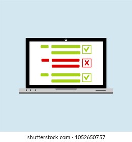 Online form survey on pc computer vector illustration, flat cartoon monitor display showing quiz exam paper sheet document, concept of electronic voting on internet, web learning