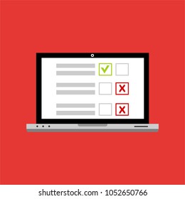 Online form survey on pc computer vector illustration, flat cartoon monitor display showing quiz exam paper sheet document, concept of electronic voting on internet, web learning