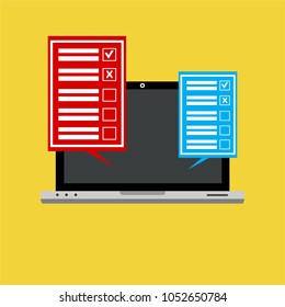 Online form survey on pc computer vector illustration, flat cartoon monitor display showing quiz exam paper sheet document, concept of electronic voting on internet, web learning