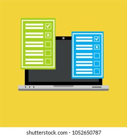 Online form survey on pc computer vector illustration, flat cartoon monitor display showing quiz exam paper sheet document, concept of electronic voting on internet, web learning