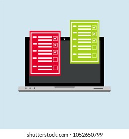 Online form survey on pc computer vector illustration, flat cartoon monitor display showing quiz exam paper sheet document, concept of electronic voting on internet, web learning