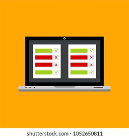 Online form survey on pc computer vector illustration, flat cartoon monitor display showing quiz exam paper sheet document, concept of electronic voting on internet, web learning