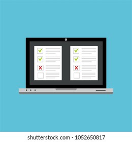 Online form survey on pc computer vector illustration, flat cartoon monitor display showing quiz exam paper sheet document, concept of electronic voting on internet, web learning