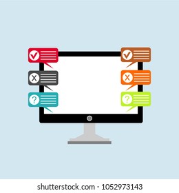 Online form survey on pc computer vector illustration, flat cartoon monitor display showing quiz exam paper sheet document, concept of electronic voting on internet, web learning