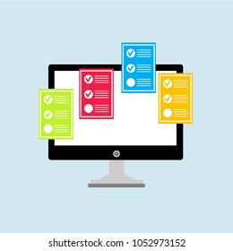 Online form survey on pc computer vector illustration, flat cartoon monitor display showing quiz exam paper sheet document, concept of electronic voting on internet, web learning