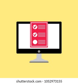 Online form survey on pc computer vector illustration, flat cartoon monitor display showing quiz exam paper sheet document, concept of electronic voting on internet, web learning