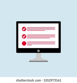Online form survey on pc computer vector illustration, flat cartoon monitor display showing quiz exam paper sheet document, concept of electronic voting on internet, web learning