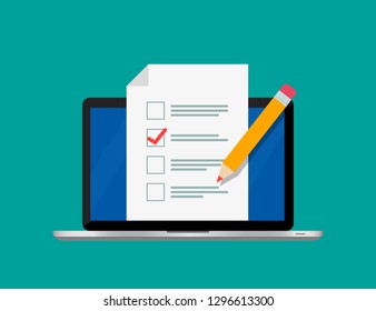 Online form survey on screen laptop. Checklist and pencil. Modern electronic voting system. Vector illustration. Flat design. EPS 10.