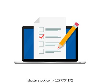 Online form survey on screen laptop isolated on white background. Checklist and pencil. Modern electronic voting system. Vector illustration. Flat design. EPS 10.