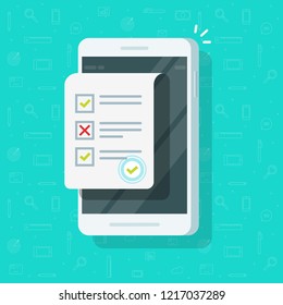 Online form survey on smartphone vector illustration, flat mobile phone with quiz exam sheet document icon with approved stamp, on-line questionnaire results, check list or internet test on cellphone