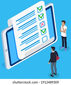 Online form survey on tablet. Colleagues check blank. Men in business suit discussing answer sheet. People look at quiz exam paper document. Businessmen checking correctness of questionnaire