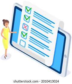Online form survey on tablet screen. Woman checks blank. Girl thinking about answers. Femail character looks at quiz exam paper document. Businesswoman is checking correctness of questionnaire form