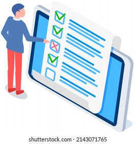 Online form survey paper on tablet screen. Man checks blank with answers. Manager looks at quiz exam paper document. Businessman is checking correctness of questionnaire form, test results, tasks