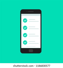 Online form survey, smartphone with showing long quiz exam paper sheet document icon, on-line questionnaire results, check list or internet test. Vector illustration.