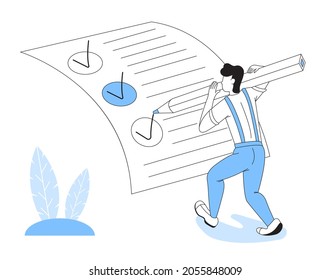 Vector de encuesta de formularios en línea en estilo doodle. El hombre rellena la prueba, pasa el examen, completa el papel, factura. Documento de cuestionario en línea. Lista de verificación digital o prueba en la aplicación web.
