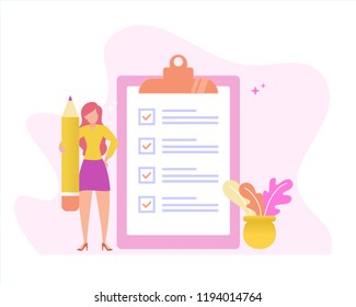 online form survey vector illustration concept, girl holding pencil answer survey form, can use for, landing page, template, ui, web, mobile app, poster, banner, flyer