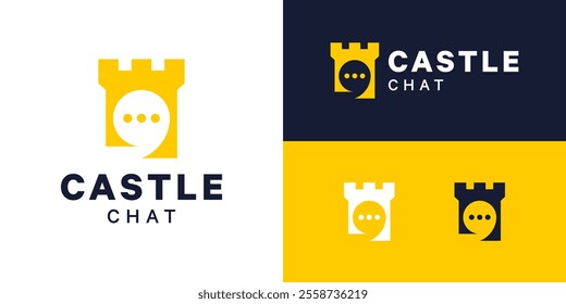 Online fortress building logo design. Castle logo with chat bubble design vector symbol icon