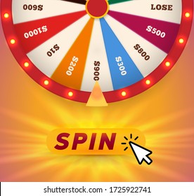 Online fortune wheel slot machine, gambling website vector illustration.  Click, spin and win colorful betting application banner. Web money jackpot poster. 