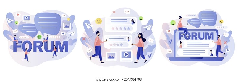 Online forum concept. Internet chat messages, dialog, conversation in social media, networking. Tiny people communication in community group. Modern flat cartoon style. Vector illustration