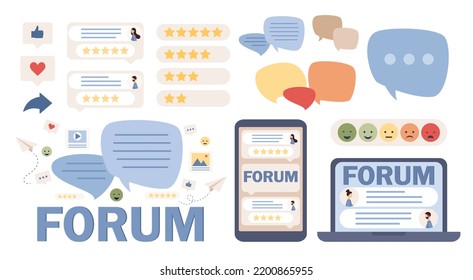 Online Forum Icon Set. Communication, Dialogue, Internet Chat, Social Media, Networking, Group Community. Vector Flat Illustration 