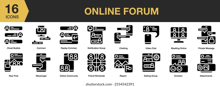 Online Forum solid icon set. Includes chat bubble, comment, new post, video chat, meeting online, and More. Solid icons vector collection.