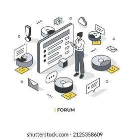 Online forum. Tiny figure of woman stands near the abstract forum board and having conversation with group of people represented as avatars. Isometric vector illustration with isolated objects