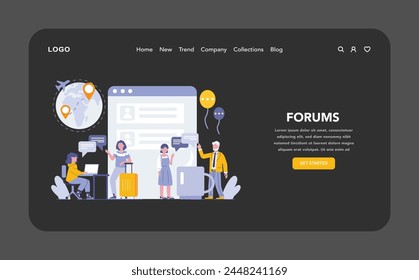 Online Forums night or dark mode web or landing page. Interactive spaces for users to discuss news and share knowledge within interest-based communities. Global digital discourse. Vector illustration.