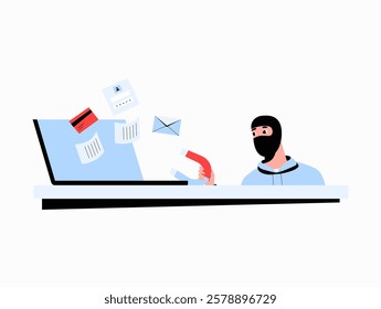 Online Fraud, Cyber Criminal Stealing Data in Flat Vector Illustration Symbolizing Phishing, Identity Theft, and Cybersecurity Breach, Isolated on White Background